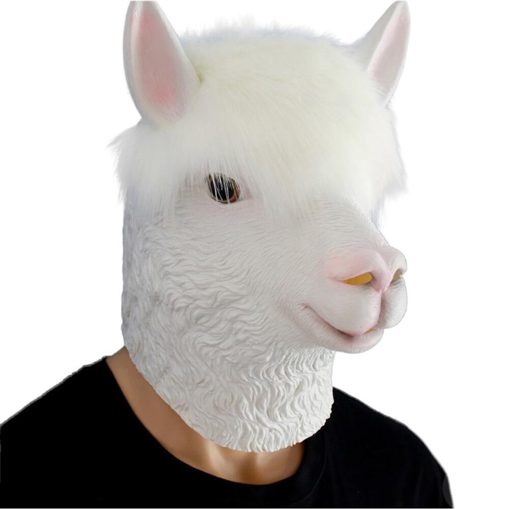 Kids White Llama Full-Head Costume Mask - Faux Fur Mane